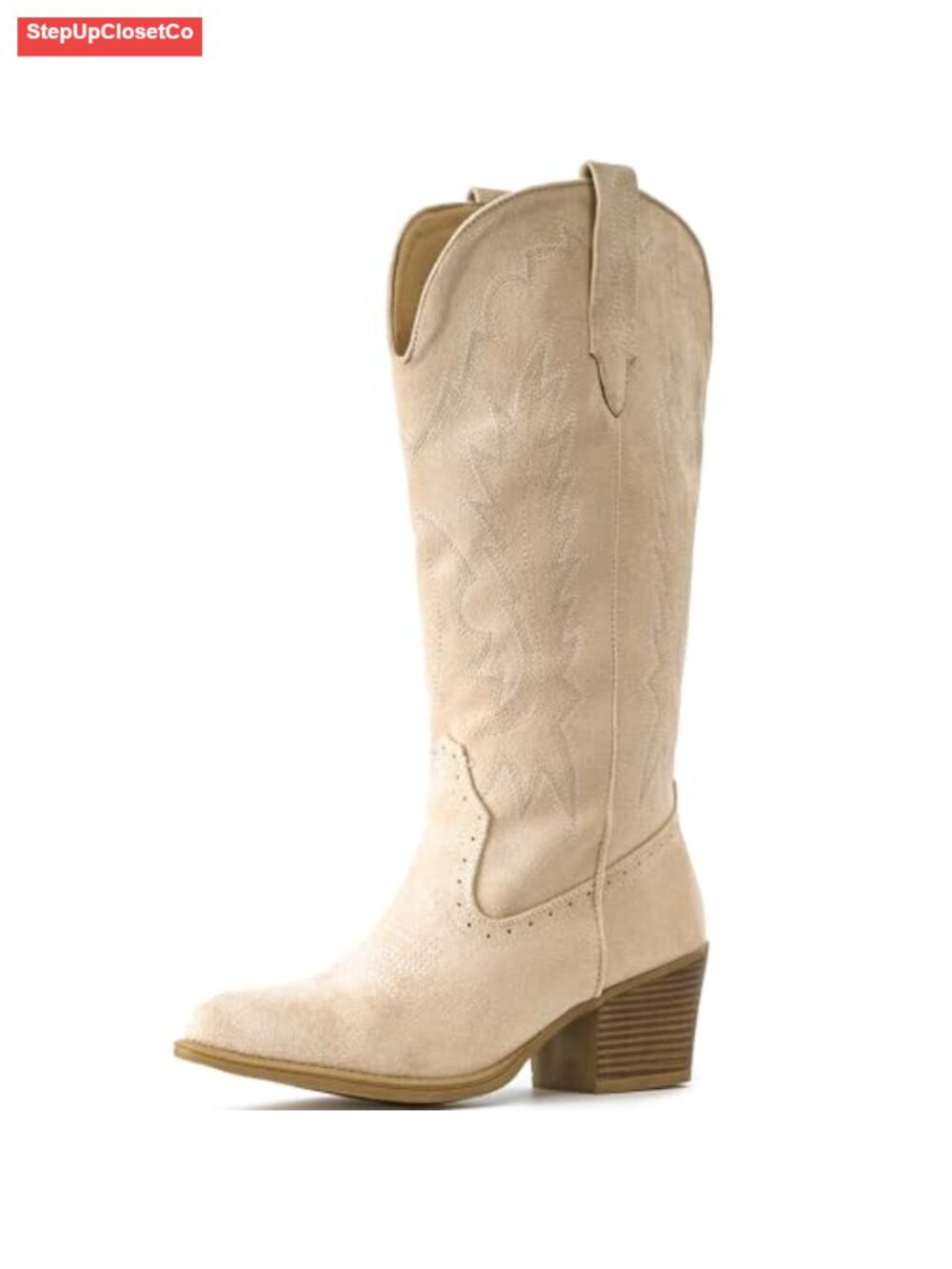 Suede Cowgirl Boots Chunky Heel Pointed Toe Mid-Calf Pull-On - Picture 3 of 6